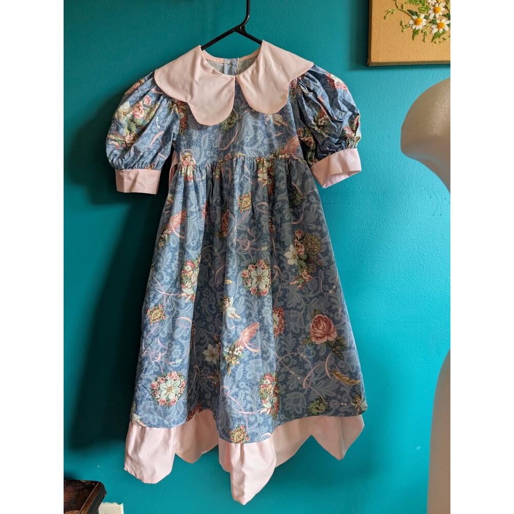 Girls vintage 80s 90s cherub and floral dress oversized collar size 6x heirloom